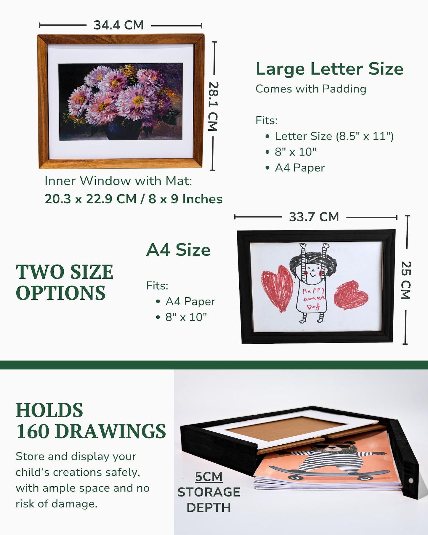 Kids Art Frame | Memory Box for 160+ Artworks | Solid Wood Display & Storage  | Five Colors Available