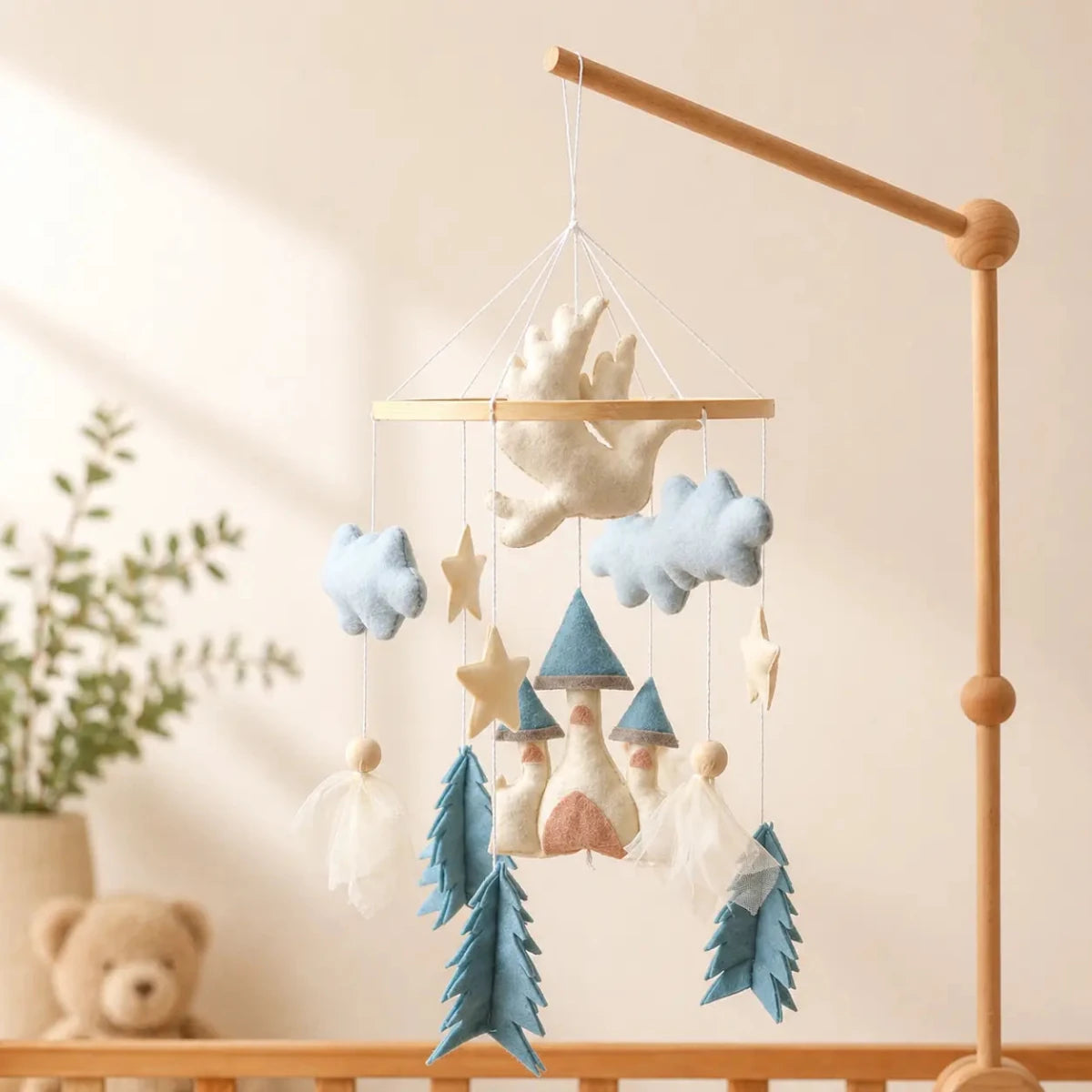 Felt Castle Dragon Crib Mobile, Blue Fairytale Baby Nursery Decor - Kids Art Frames