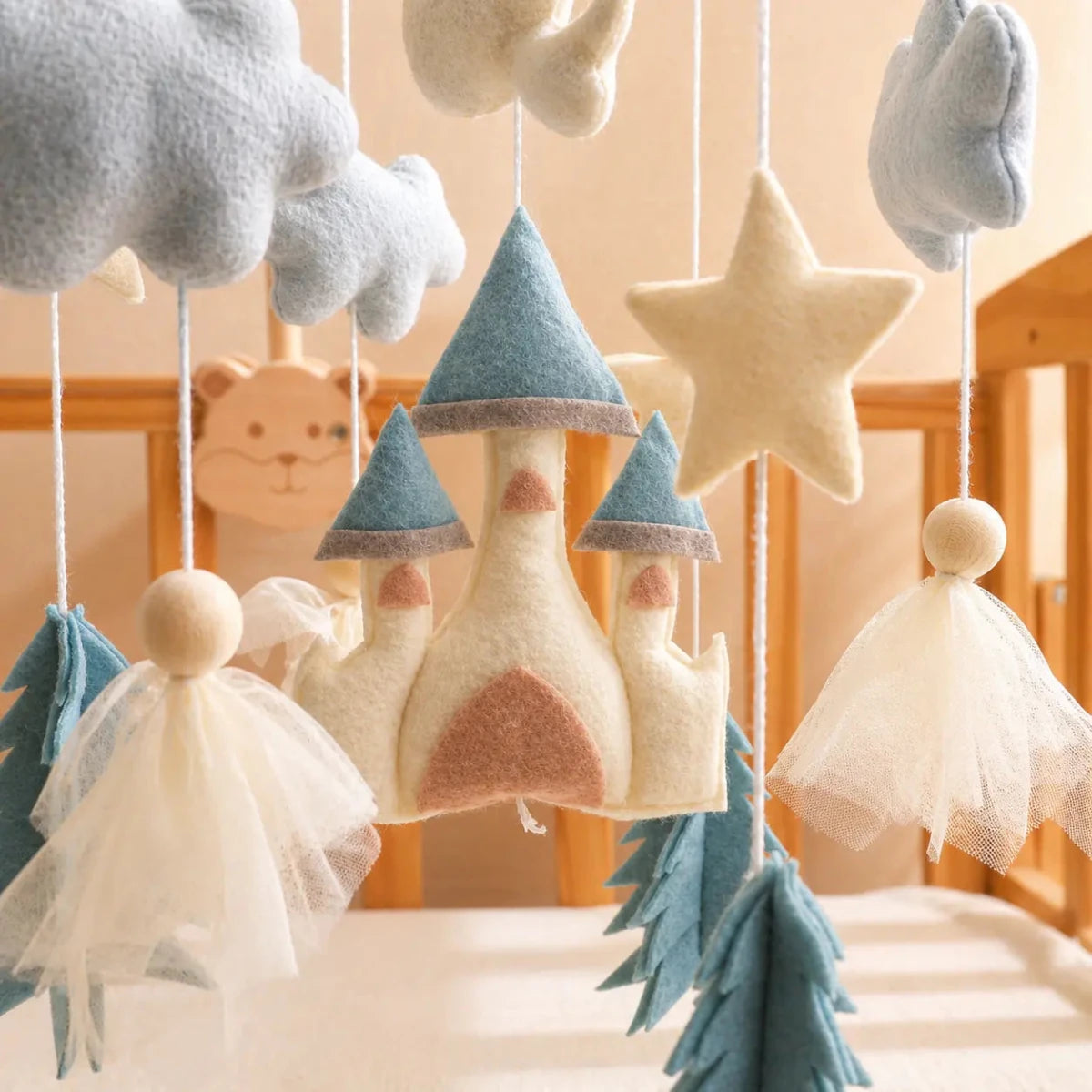 Felt Castle Dragon Crib Mobile, Blue Fairytale Baby Nursery Decor - Kids Art Frames