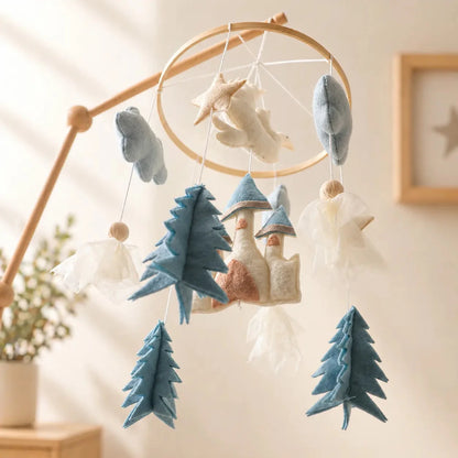 Felt Castle Dragon Crib Mobile, Blue Fairytale Baby Nursery Decor - Kids Art Frames