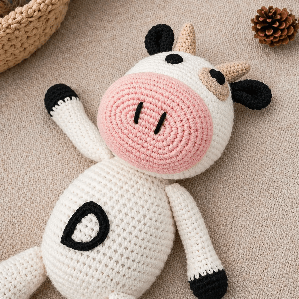 Handmade Crochet Cow Stuffed Animal – 100% Cotton Baby Toy - Kids Art Frames