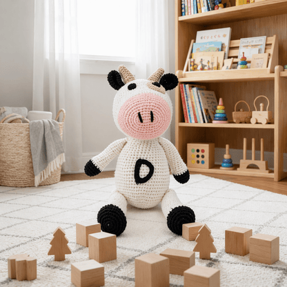 Handmade Crochet Cow Stuffed Animal – 100% Cotton Baby Toy - Kids Art Frames