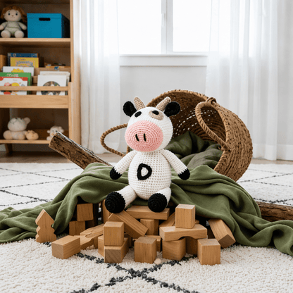 Handmade Crochet Cow Stuffed Animal – 100% Cotton Baby Toy - Kids Art Frames