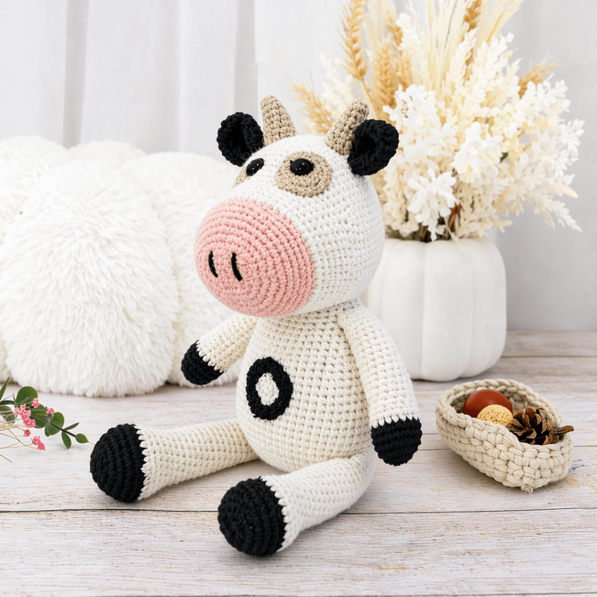 Handmade Crochet Cow Stuffed Animal – 100% Cotton Baby Toy - Kids Art Frames