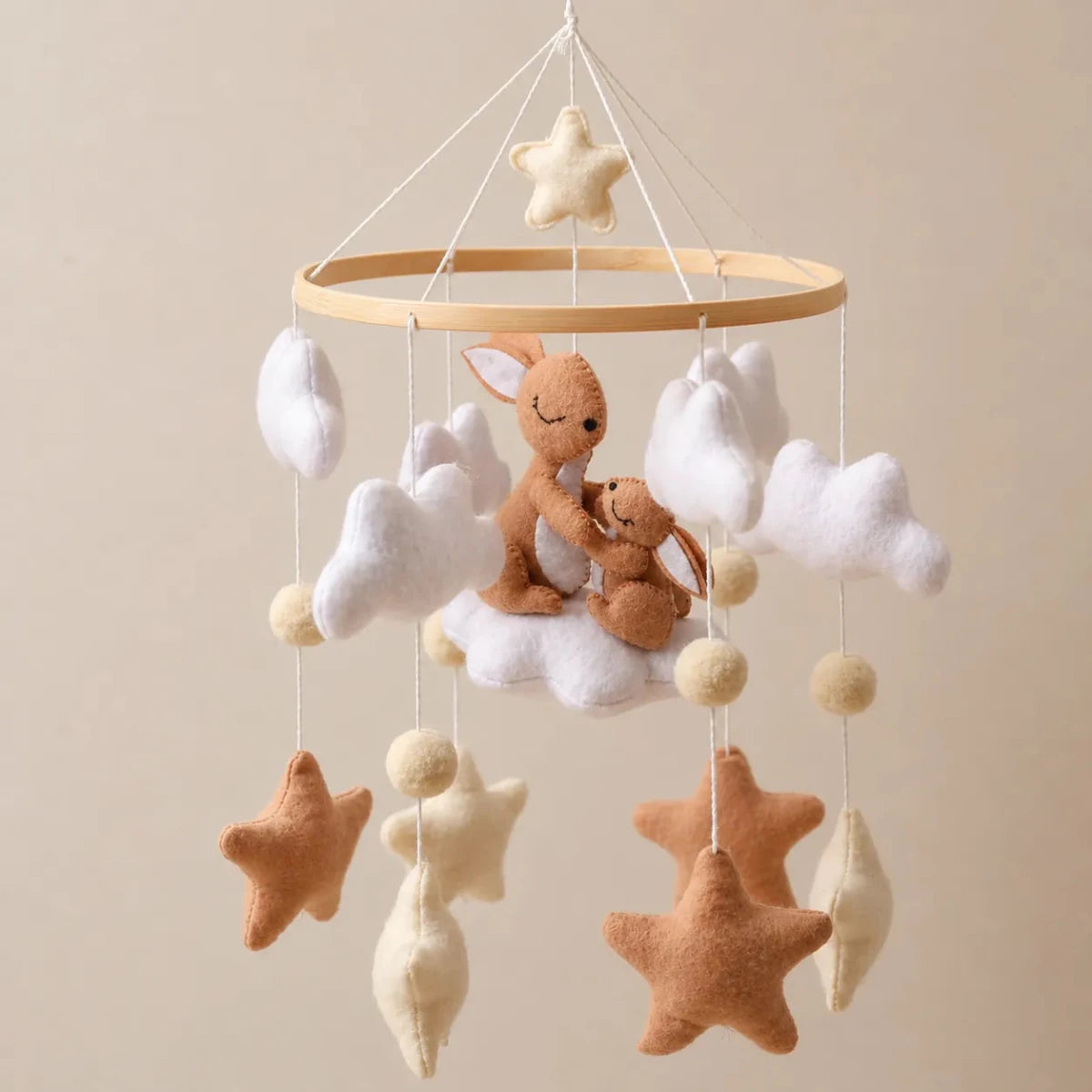 Handmade Felt Bunny Crib Mobile, Woodland Nursery Decor, Cloud Star Pom - Pom garland - Kids Art Frames