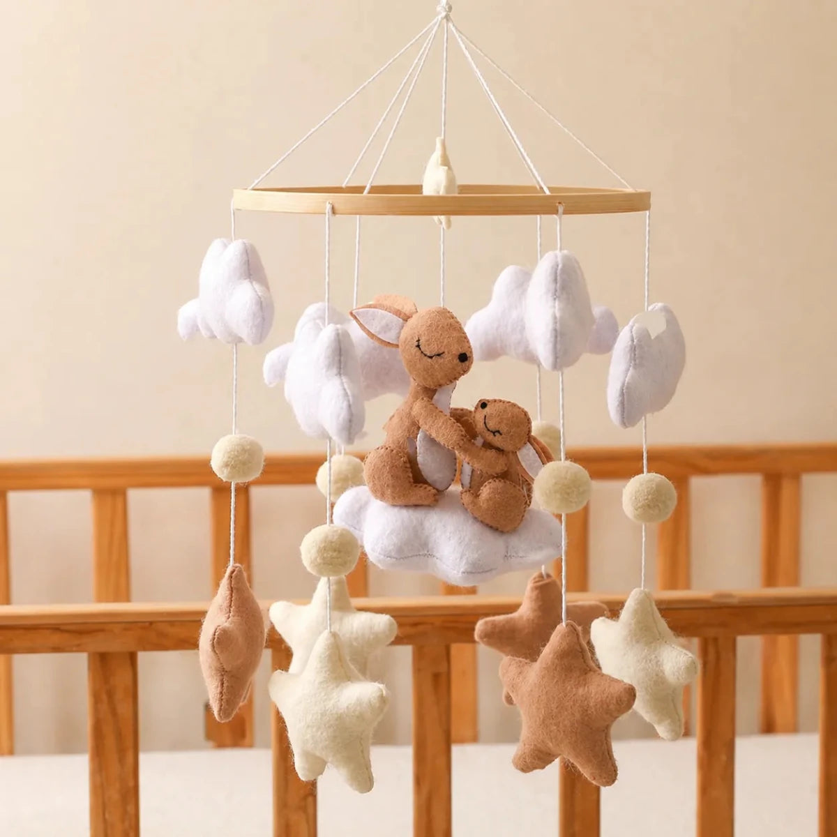 Handmade Felt Bunny Crib Mobile, Woodland Nursery Decor, Cloud Star Pom - Pom garland - Kids Art Frames
