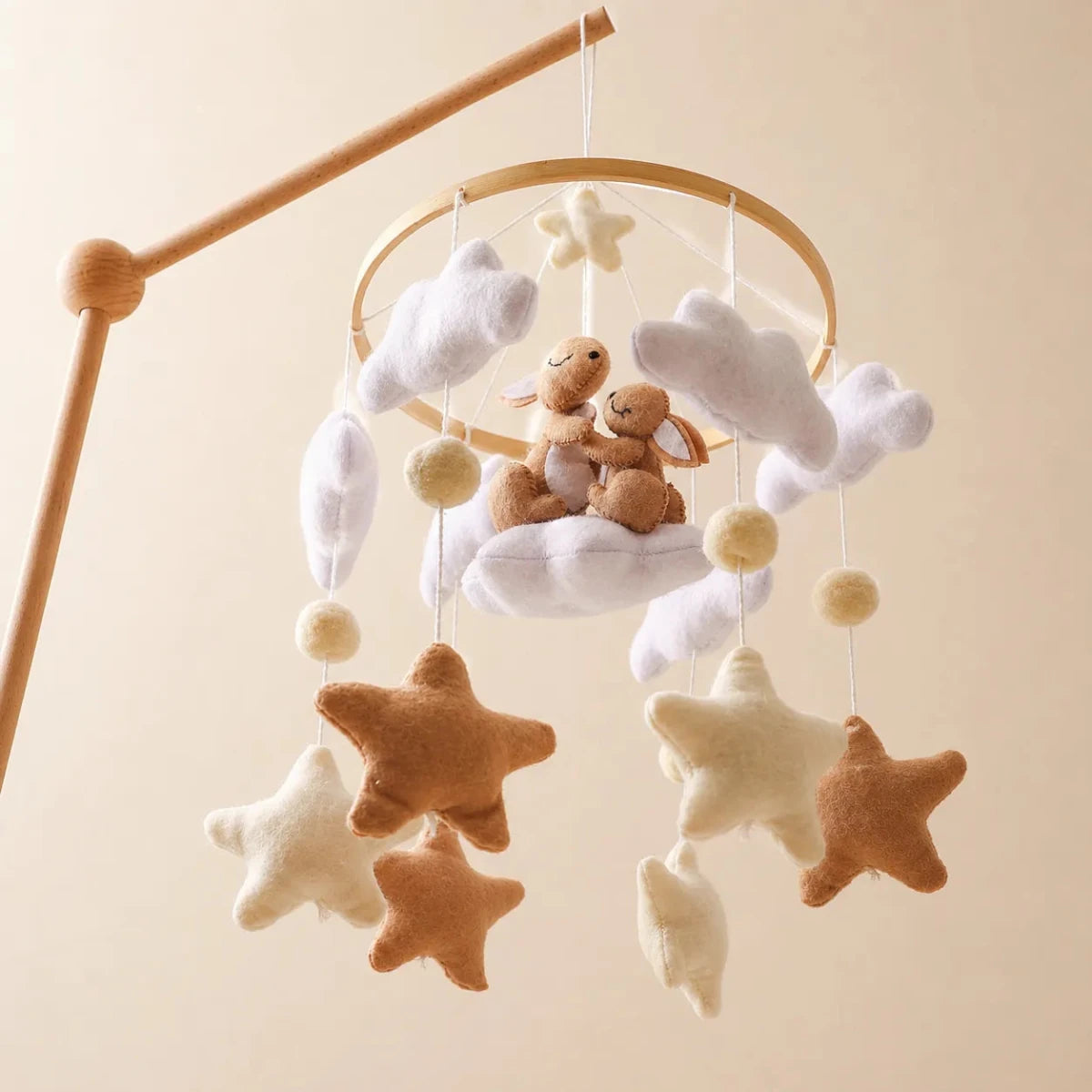Handmade Felt Bunny Crib Mobile, Woodland Nursery Decor, Cloud Star Pom - Pom garland - Kids Art Frames