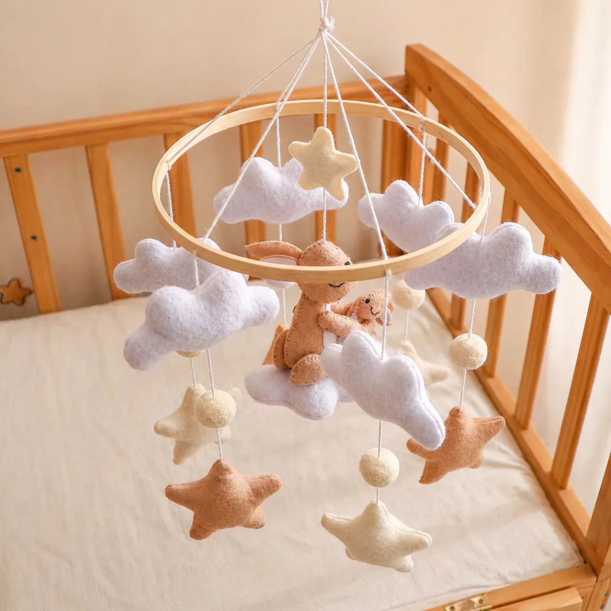Handmade Felt Bunny Crib Mobile, Woodland Nursery Decor, Cloud Star Pom - Pom garland - Kids Art Frames