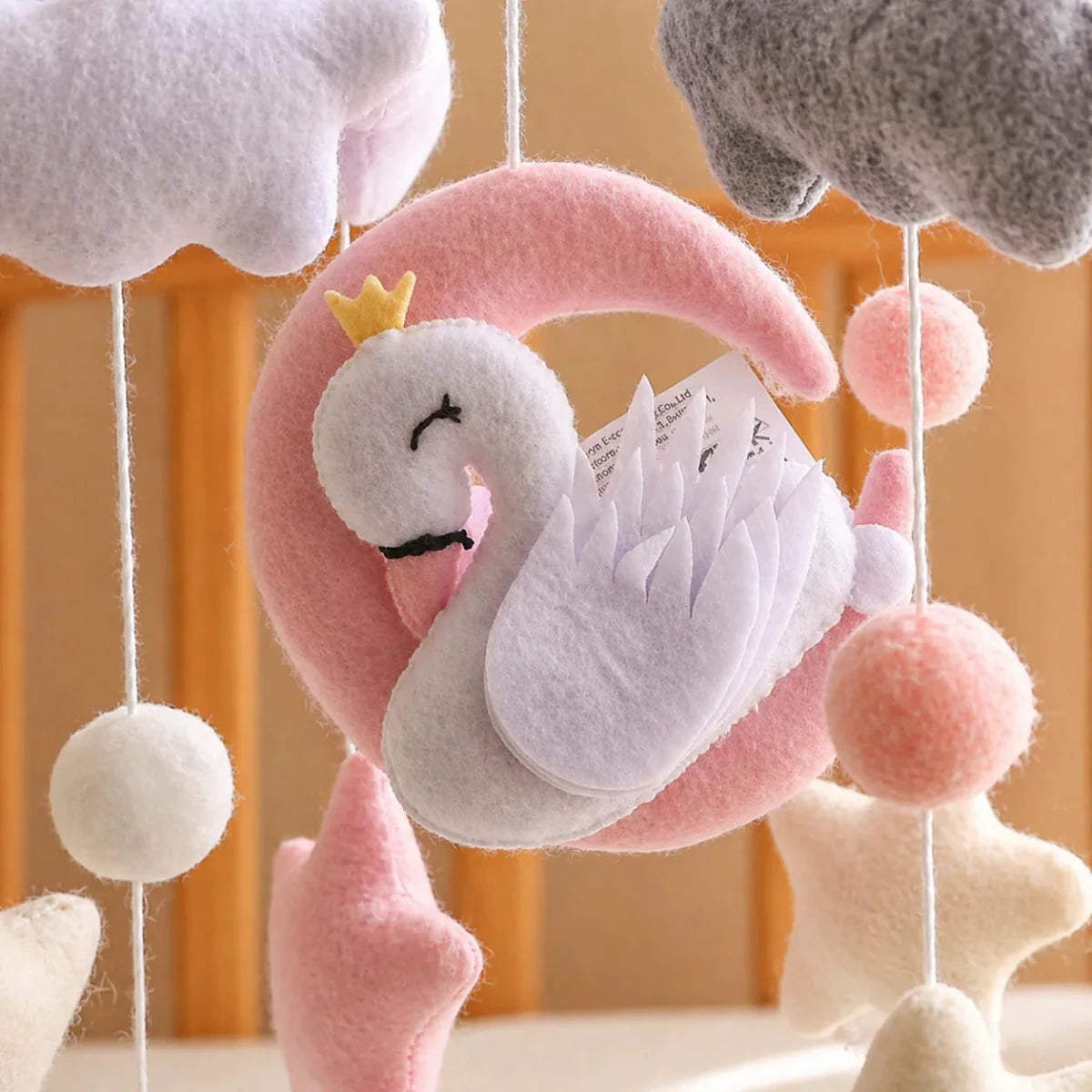 Handmade Swan Crib Mobile, Felt Baby Nursery Decor, Pink Moon Clouds Stars - Kids Art Frames