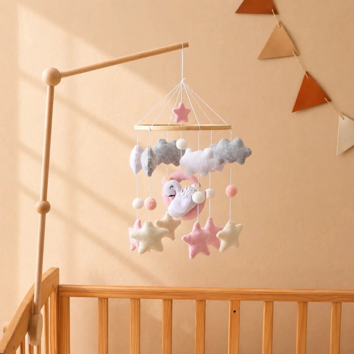 Handmade Swan Crib Mobile, Felt Baby Nursery Decor, Pink Moon Clouds Stars - Kids Art Frames