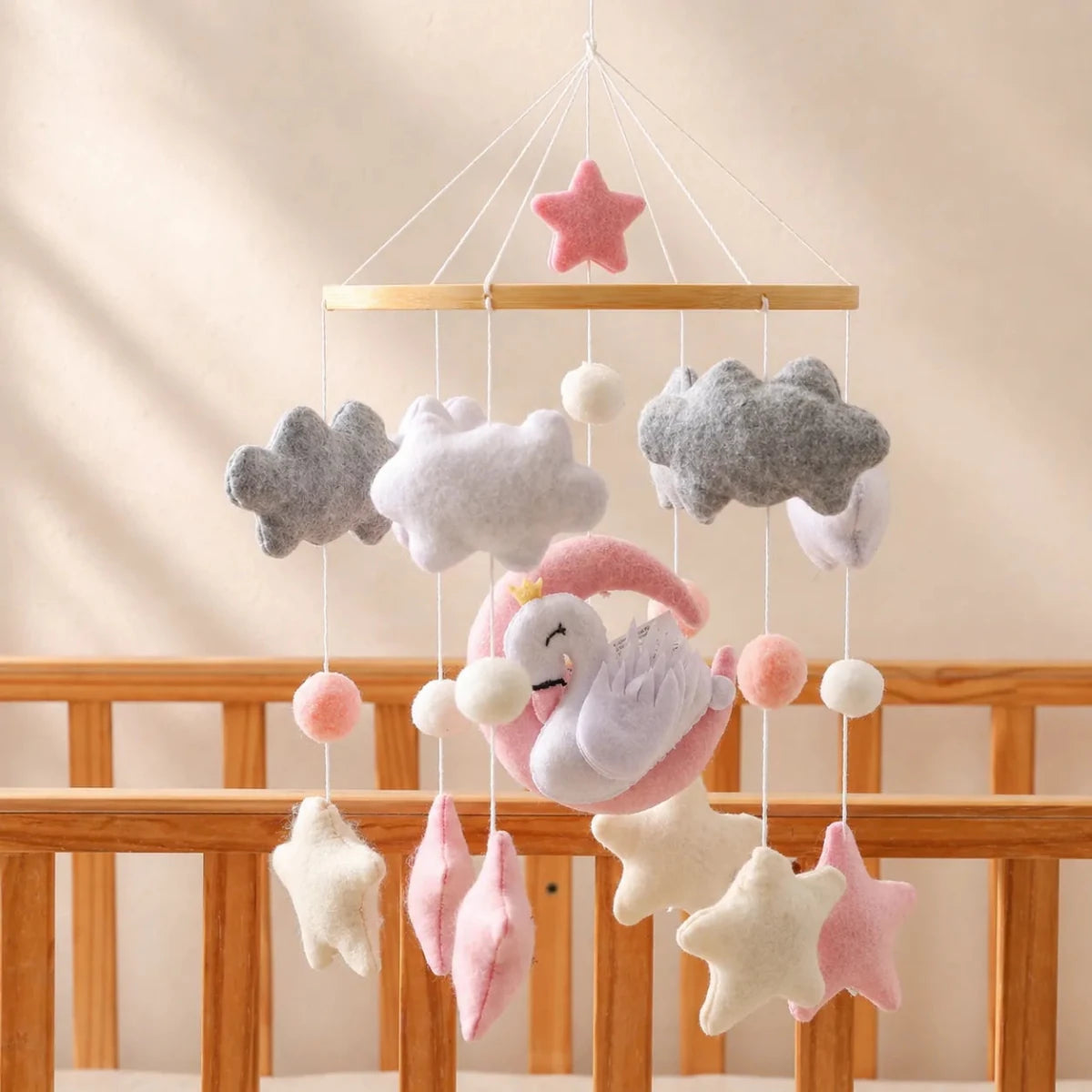 Handmade Swan Crib Mobile, Felt Baby Nursery Decor, Pink Moon Clouds Stars - Kids Art Frames