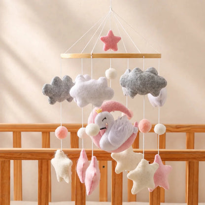 Handmade Swan Crib Mobile, Felt Baby Nursery Decor, Pink Moon Clouds Stars - Kids Art Frames