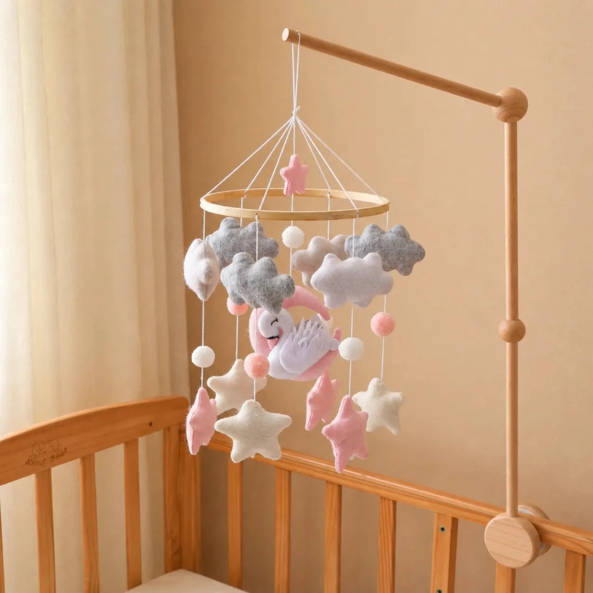 Handmade Swan Crib Mobile, Felt Baby Nursery Decor, Pink Moon Clouds Stars - Kids Art Frames