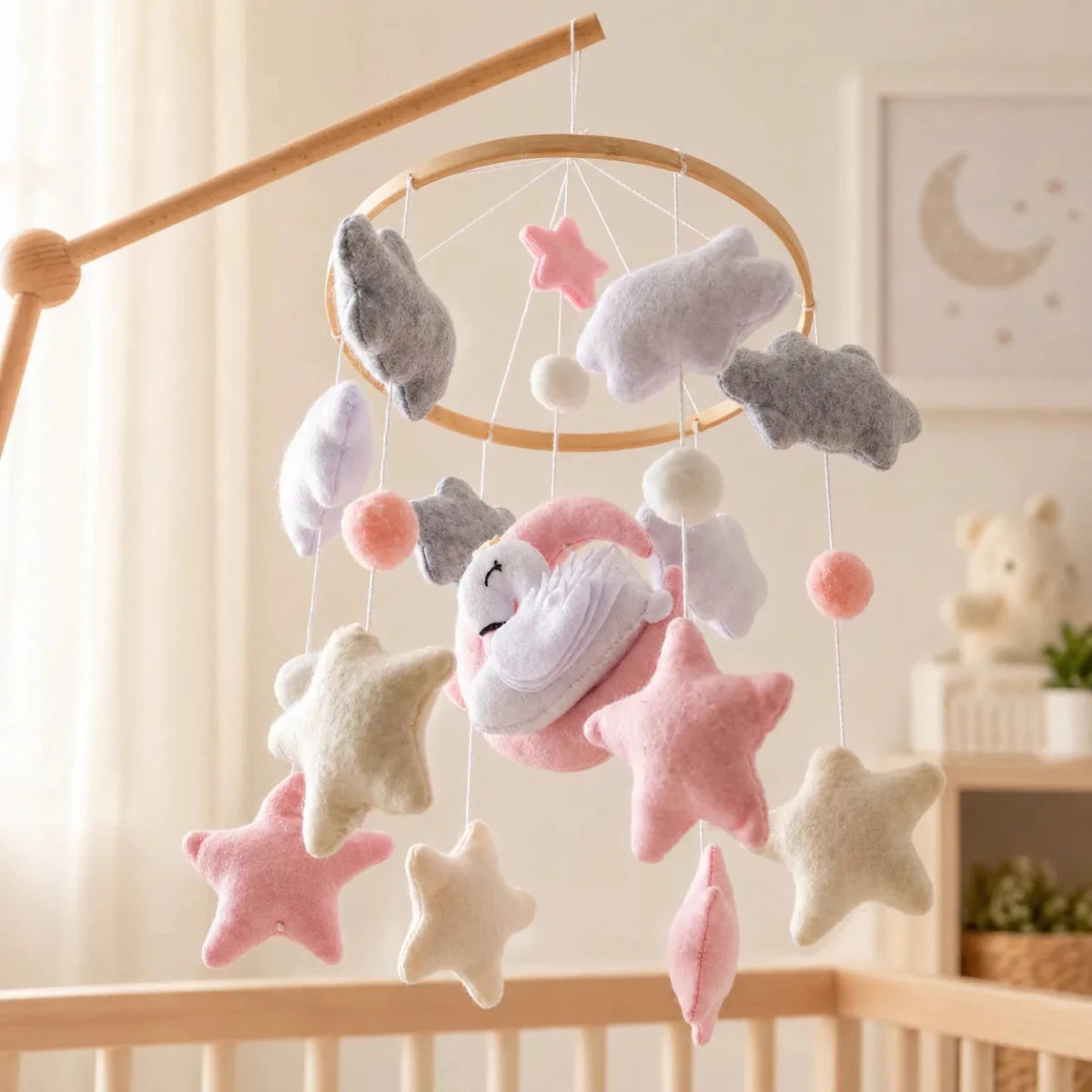 Handmade Swan Crib Mobile, Felt Baby Nursery Decor, Pink Moon Clouds Stars - Kids Art Frames