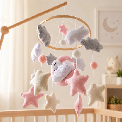 Handmade Swan Crib Mobile, Felt Baby Nursery Decor, Pink Moon Clouds Stars - Kids Art Frames