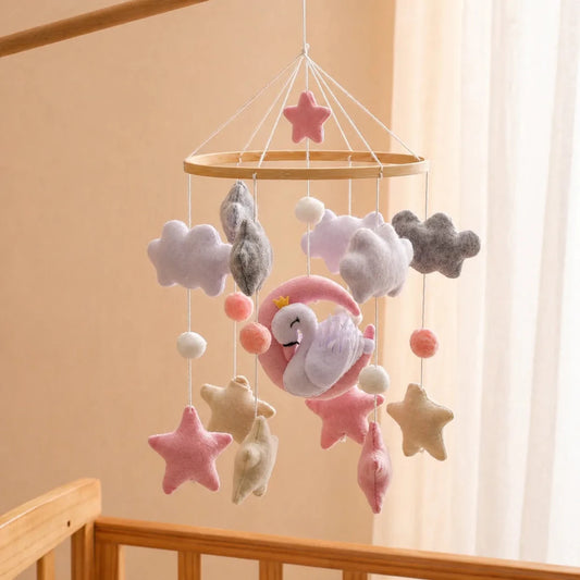 Handmade Swan Crib Mobile, Felt Baby Nursery Decor, Pink Moon Clouds Stars - Kids Art Frames