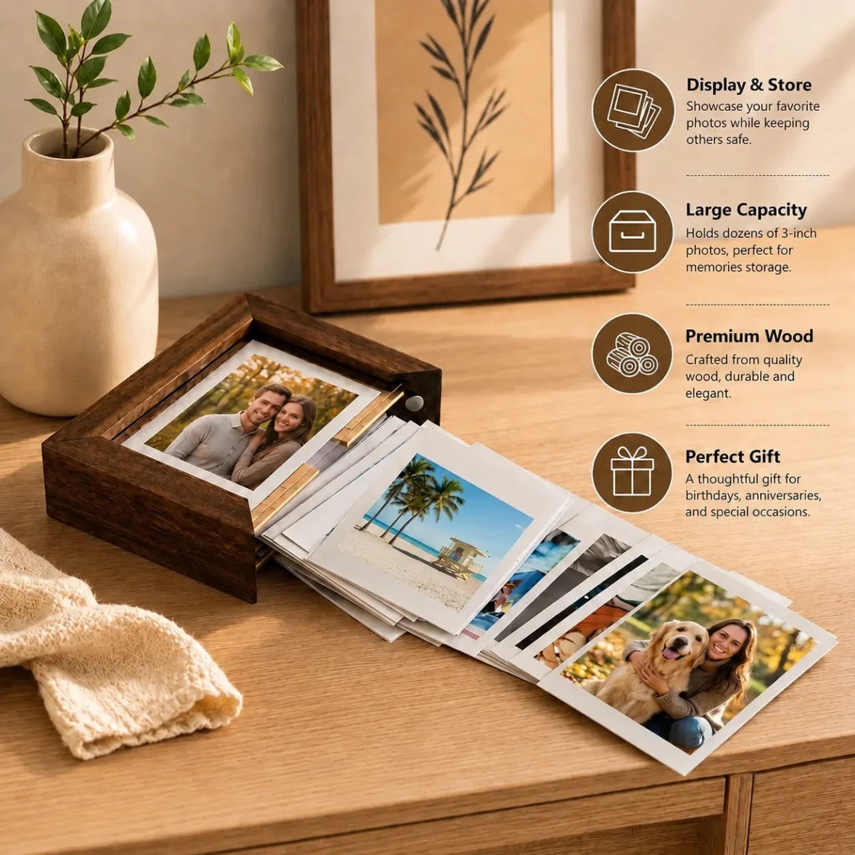Mahogany Color Photo Frame: Real Wood Magnetic Memory Box | Three Size Available - Kids Art Frames