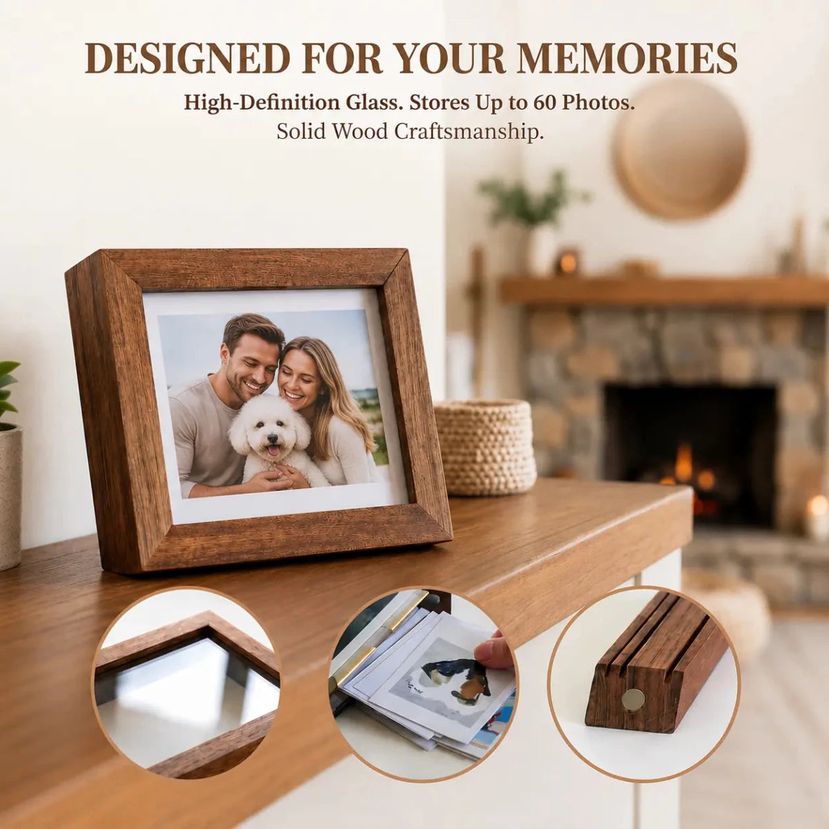 Mahogany Color Photo Frame: Real Wood Magnetic Memory Box | Three Size Available - Kids Art Frames