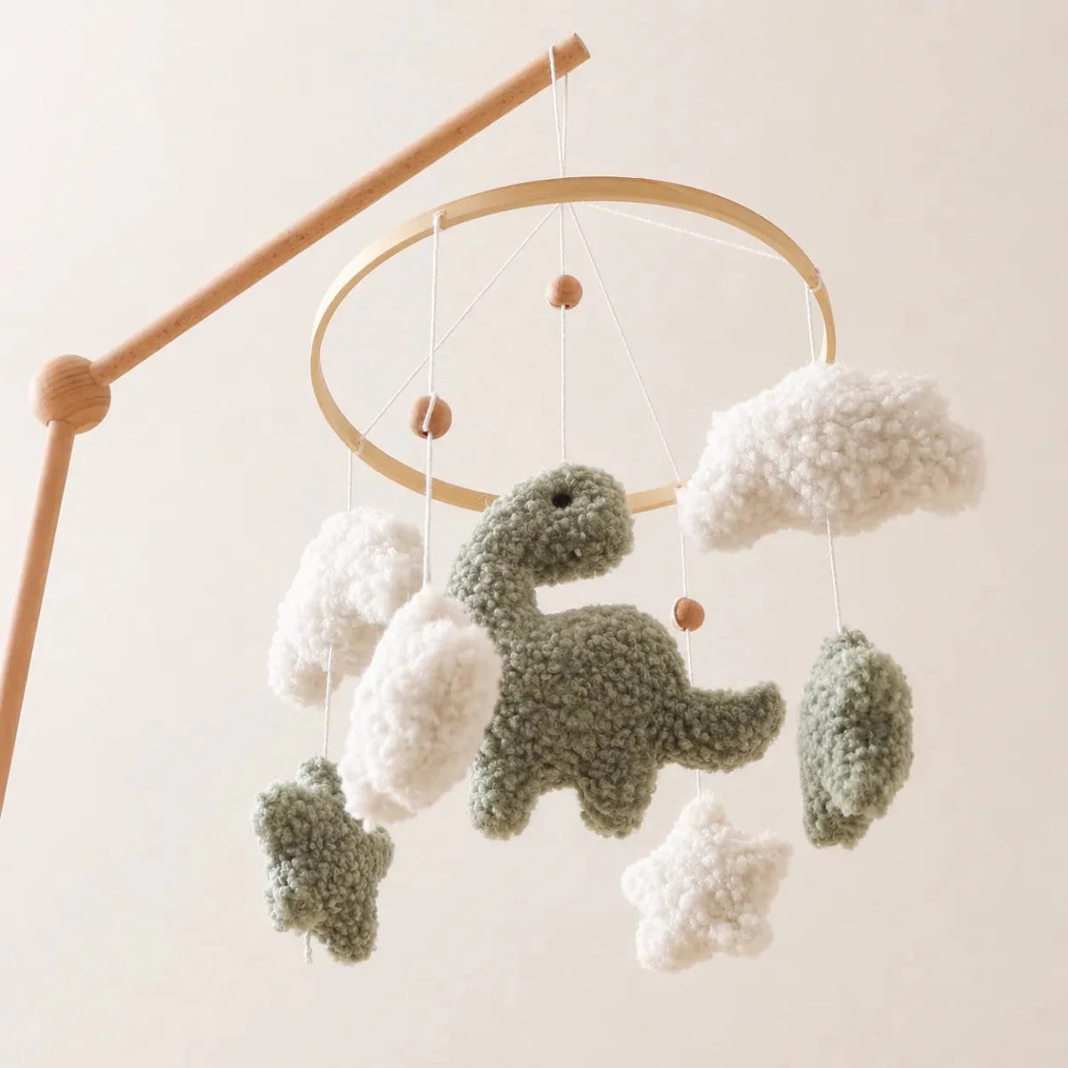 Sherpa Dinosaur Crib Mobile, Plush Dino Nursery Decor, Handmade Clouds Stars - Kids Art Frames