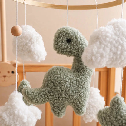 Sherpa Dinosaur Crib Mobile, Plush Dino Nursery Decor, Handmade Clouds Stars - Kids Art Frames