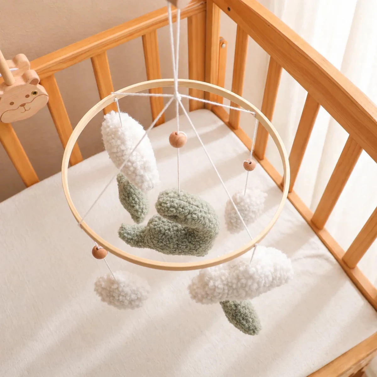Sherpa Dinosaur Crib Mobile, Plush Dino Nursery Decor, Handmade Clouds Stars - Kids Art Frames