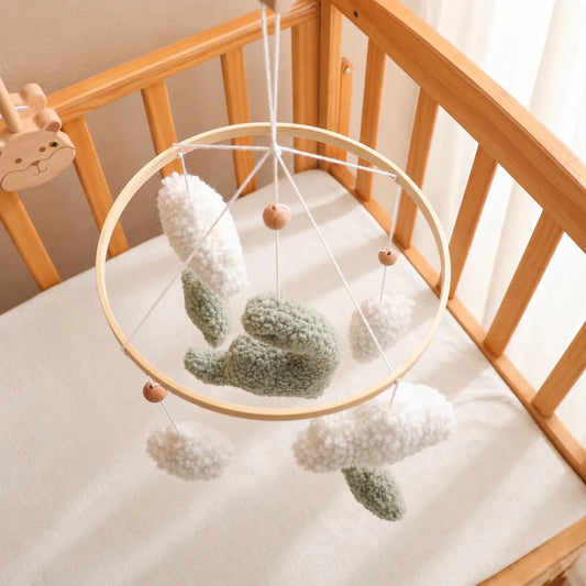 Sherpa Dinosaur Crib Mobile, Plush Dino Nursery Decor, Handmade Clouds Stars - Kids Art Frames