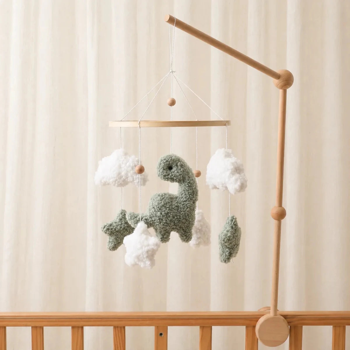 Sherpa Dinosaur Crib Mobile, Plush Dino Nursery Decor, Handmade Clouds Stars - Kids Art Frames