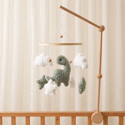 Sherpa Dinosaur Crib Mobile, Plush Dino Nursery Decor, Handmade Clouds Stars - Kids Art Frames