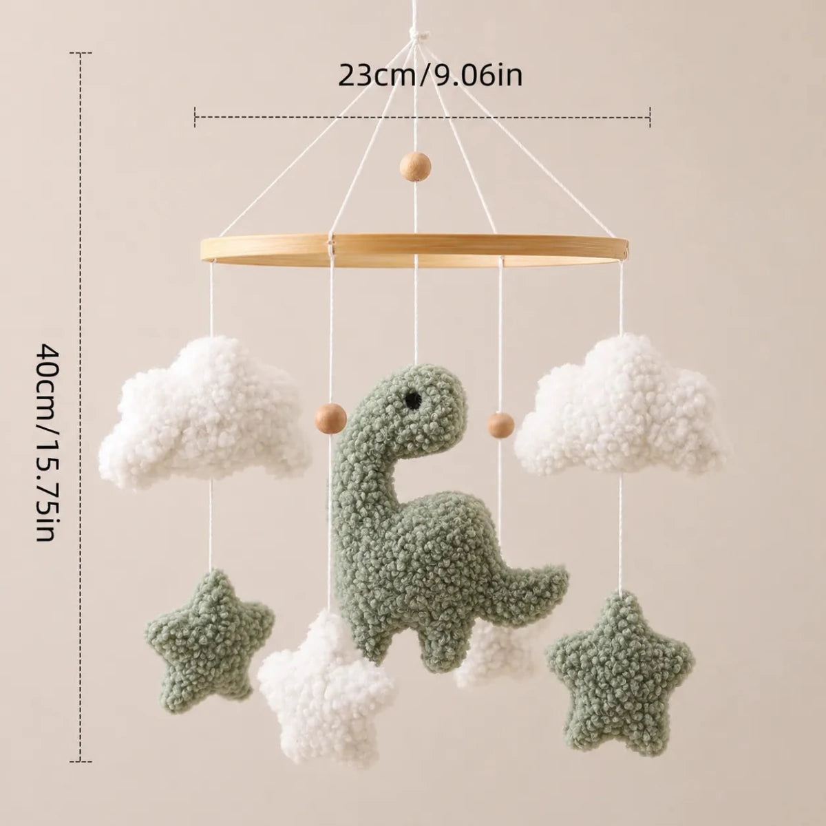 Sherpa Dinosaur Crib Mobile, Plush Dino Nursery Decor, Handmade Clouds Stars - Kids Art Frames