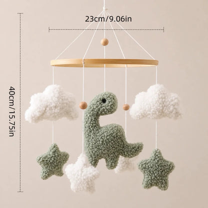 Sherpa Dinosaur Crib Mobile, Plush Dino Nursery Decor, Handmade Clouds Stars - Kids Art Frames