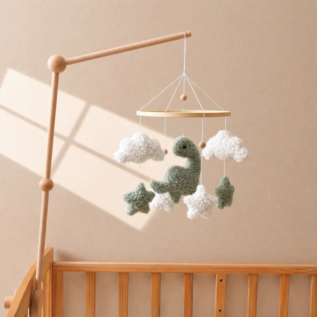 Sherpa Dinosaur Crib Mobile, Plush Dino Nursery Decor, Handmade Clouds Stars - Kids Art Frames