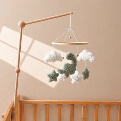 Sherpa Dinosaur Crib Mobile, Plush Dino Nursery Decor, Handmade Clouds Stars - Kids Art Frames