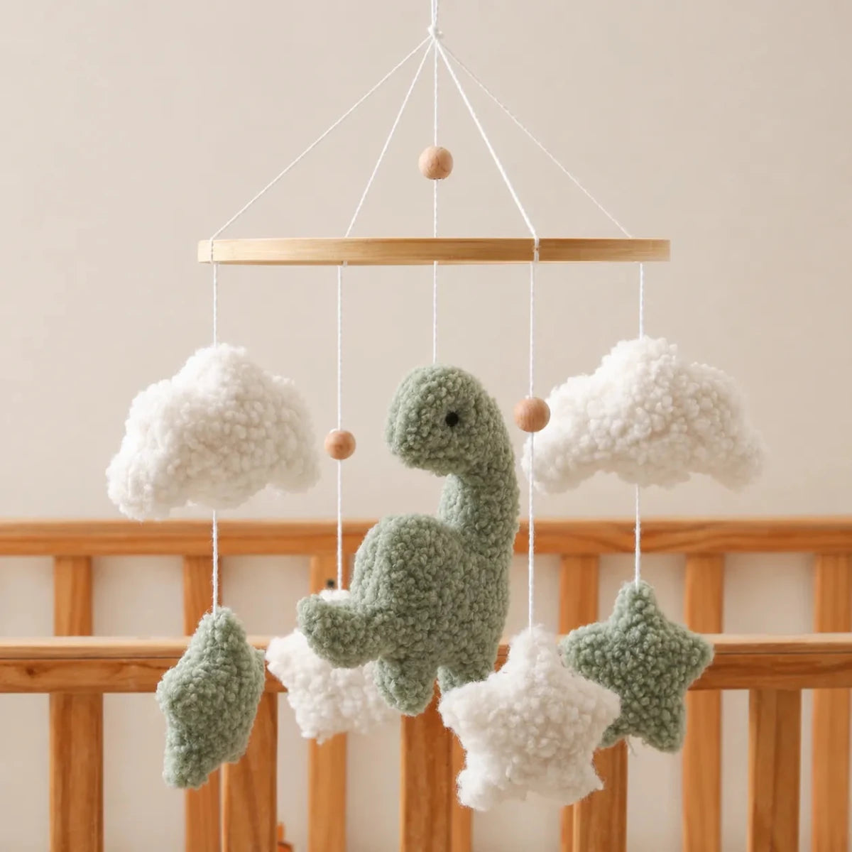 Sherpa Dinosaur Crib Mobile, Plush Dino Nursery Decor, Handmade Clouds Stars - Kids Art Frames