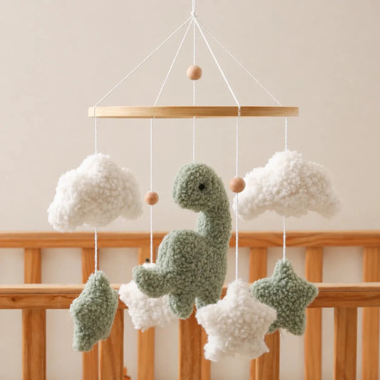 Sherpa Dinosaur Crib Mobile, Plush Dino Nursery Decor, Handmade Clouds Stars - Kids Art Frames
