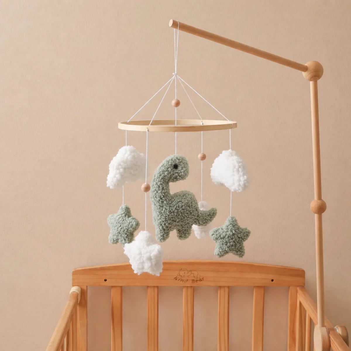 Sherpa Dinosaur Crib Mobile, Plush Dino Nursery Decor, Handmade Clouds Stars - Kids Art Frames
