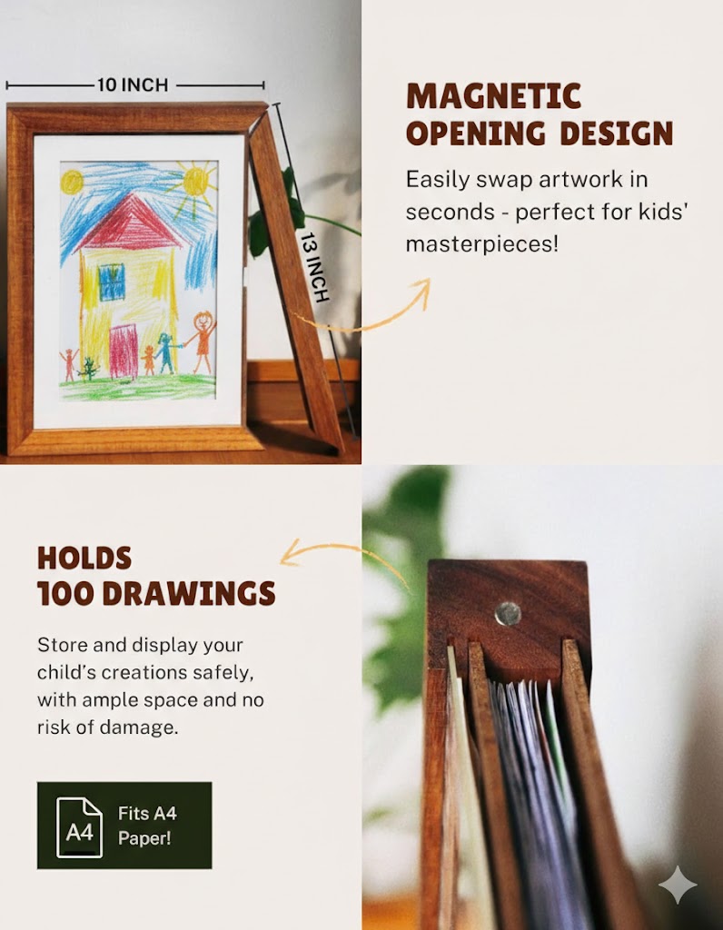 Kids Art Frame | Memory Box for 160+ Artworks | Solid Wood Display & Storage  | Five Colors Available