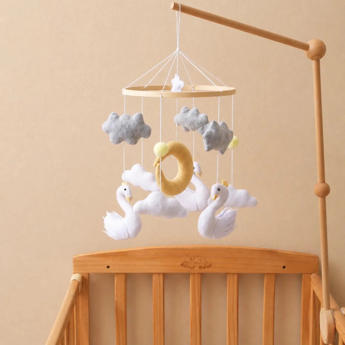 Yellow Moon Swan Crib Mobile, Handmade Felt Baby Nursery Decor - Kids Art Frames