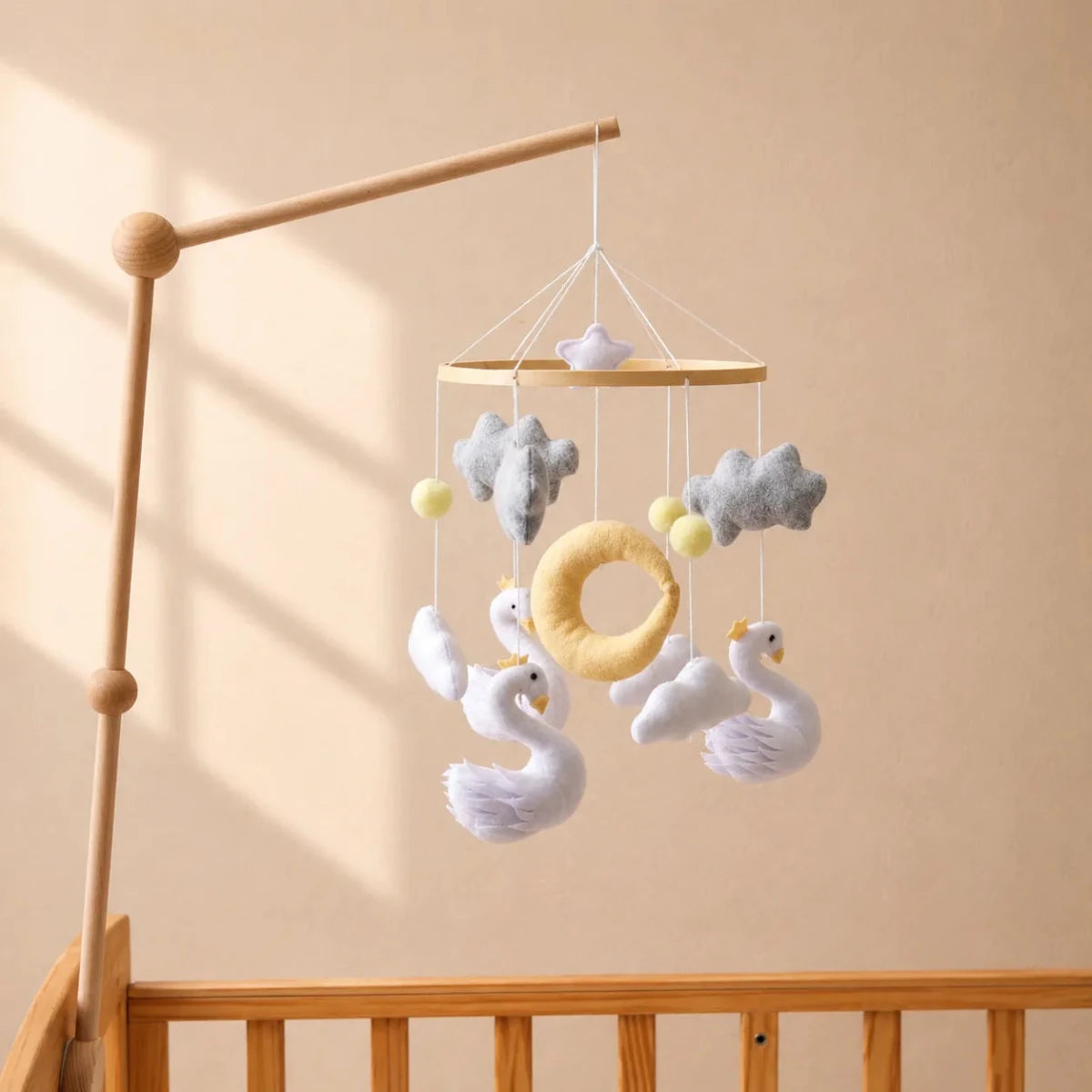 Yellow Moon Swan Crib Mobile, Handmade Felt Baby Nursery Decor - Kids Art Frames