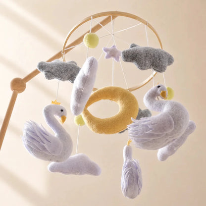 Yellow Moon Swan Crib Mobile, Handmade Felt Baby Nursery Decor - Kids Art Frames