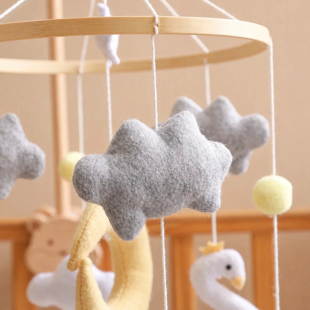 Yellow Moon Swan Crib Mobile, Handmade Felt Baby Nursery Decor - Kids Art Frames