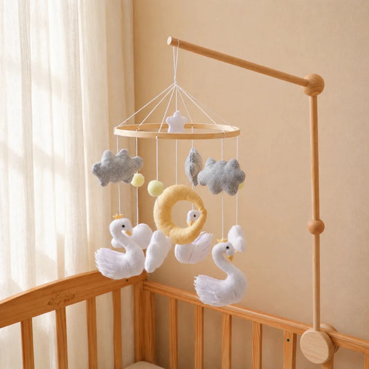 Yellow Moon Swan Crib Mobile, Handmade Felt Baby Nursery Decor - Kids Art Frames
