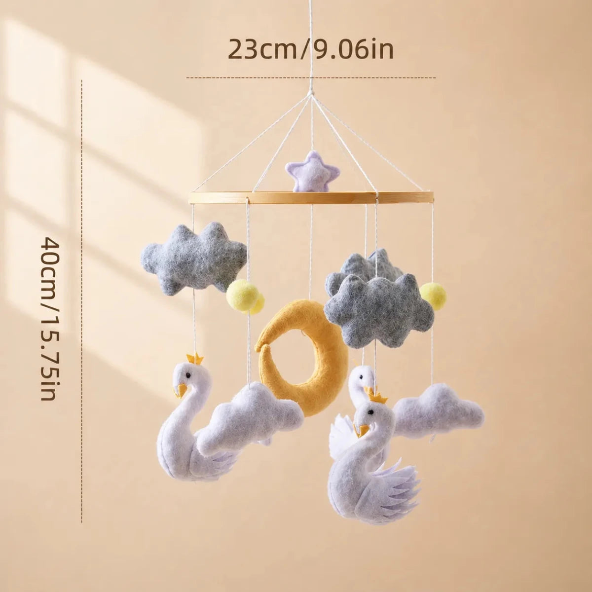 Yellow Moon Swan Crib Mobile, Handmade Felt Baby Nursery Decor - Kids Art Frames