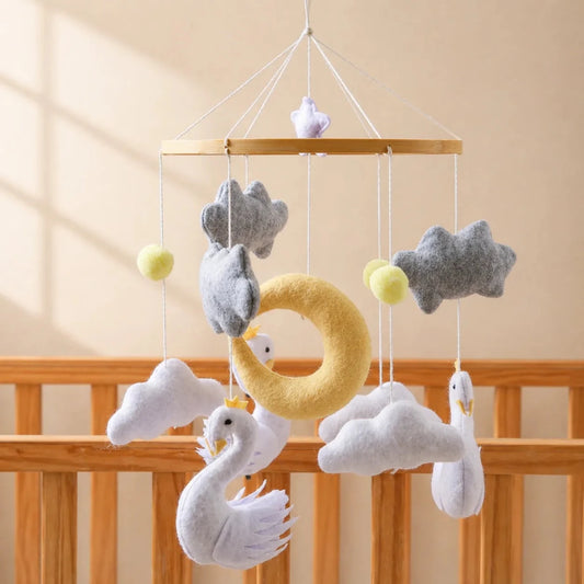 Yellow Moon Swan Crib Mobile, Handmade Felt Baby Nursery Decor - Kids Art Frames