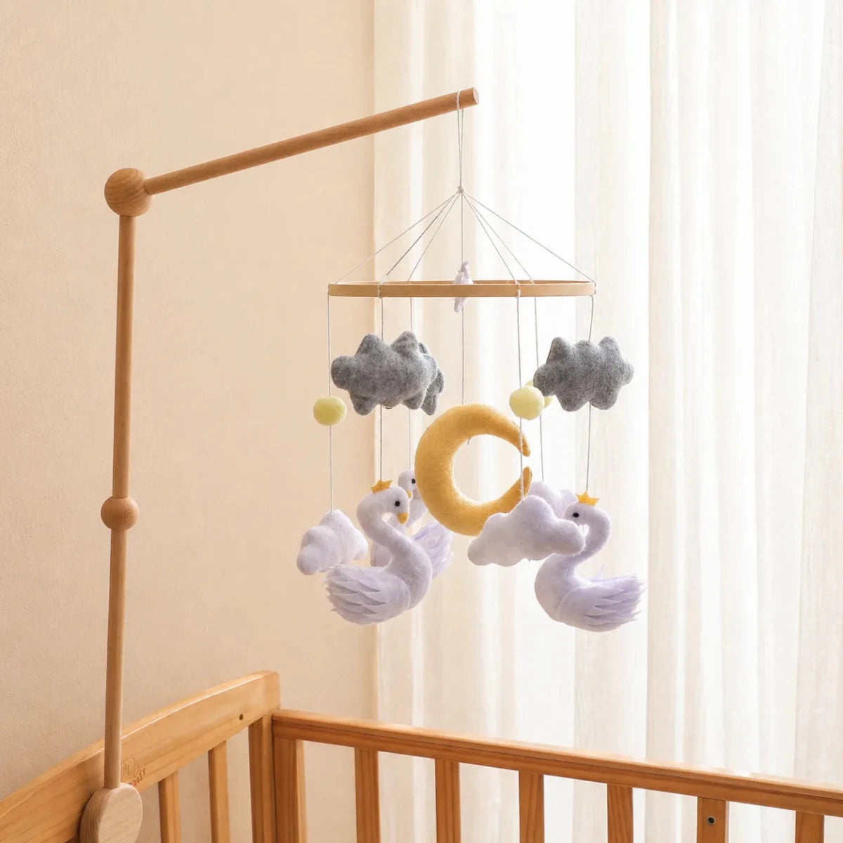 Yellow Moon Swan Crib Mobile, Handmade Felt Baby Nursery Decor - Kids Art Frames